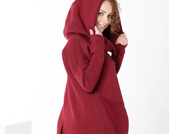 Burgund High Collar Hoodie, Cotton Blend Sweatshirt, Wizard Costume, women cotton tunic