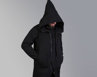 Pointed Big Hood Hoodie, Mens Clothing, Wizard Hoodie, Cyberpunk Clothing, Black Sweater Jacket For Men, Zip Up Hoodie, Navaho Clothing