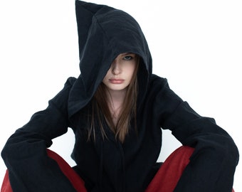 Frauen Leinen Hoodie, Schwarz Elfen Hoodie, Gothic Kapuzenjacke, Leinen Pullover mit Kapuze, Steampunk Kleidung, Cyberpunk Hoodie, Spitze Hoodie