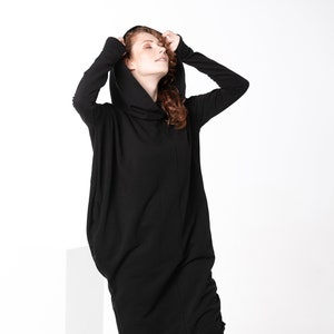 Futuristic Dress, Dark Academia Clothing, Handmade Clothing, Long Black Hoodie Dress, Thumb Hole Sweater, Maxi Tunic Dress, Sweater Dress