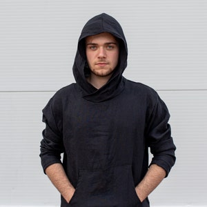 Linen Hoodie Men, Mens Clothing, Big Hood Hoodie, Lightweight Hoodie, Black Loose Sweatshirt, Wizard Hoodie, Mid Century Modern,Ninja Hoodie zdjęcie 1