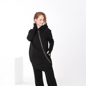 Asymmetrical Zip Up Hoodie, Women Black Sweatshirt, Cotton Hooded Coat, Black Hooded Jacket, Plus Size Clothing, Gothic Hoodie, Side Pockets