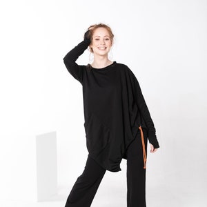 Comfy Sweater, Asymmetrical Tunic, Black Oversized Sweater, Deconstructed Top, Gothic Tunic Top, Futuristic Tunic Top, Black Cotton Sweater image 2