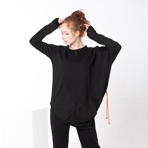 Comfy Sweater, Asymmetrical Tunic, Black Oversized Sweater, Deconstructed Top, Gothic Tunic Top, Futuristic Tunic Top, Black Cotton Sweater image 1