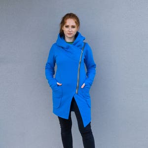 Asymmetric Hoodie, Blue Coat, Hooded Coat, Hoodie Coat, Plus Size Clothing, Blue Hoodie, Loose Coat, Zipper Coat, Cyberpunk Clothing