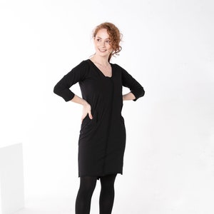 Black Cotton Dress, Knee Length Dress, Black Sweater Dress, Plus Size Clothing, Long Sleeve Dress, Gothic Dress, V Neck Dress, Comfy, Casual