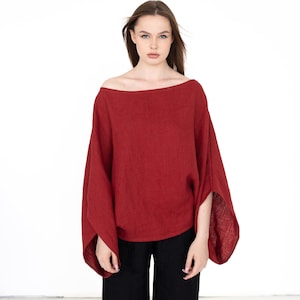 Red Linen Top, Halloween Top, Oversized Linen Blouse, Womens Clothing, Fall Style, Mid Century Modern, Red Women Shirt, Linen Tunic