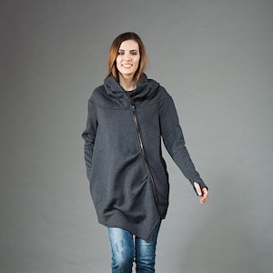 Hooded Coat Women, Winter Coat, Asymmetric Coat, Plus Size Clothing, Winter Jacket Hoodie, Warm Hoodie, Oversized Hoodie, Grey Coat Winter image 1