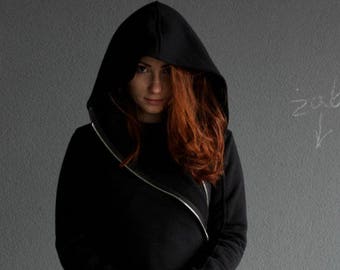 Big Hood Hoodie, Handmade Clothing, Large Hood Hoodie, Womens Clothing, Steampunk Clothing, Asymmetrical Hoodie, Black Gothic Hoodie, Nazgul