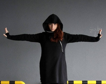 Black handmade asymmetrical hoodie with big hood in cyberpunk style, gothic hoodie perfect for spring