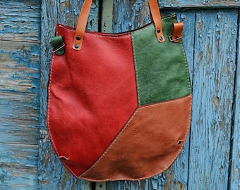 Boho Tote Bag, Leather Crossbody Bag, Vintage Style Handbag, Colorful Handbag, Handmade Bag, Shoulder Bag, Leather Totes, Gift For Her