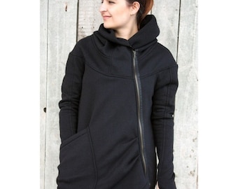 Asymmetrischer Mantel, Hoodie Frauen, schwarzer Hoodie, Kapuzenmantel, Sweatshirt Hoodie, Plus Size Kleidung, Reißverschluss Hoodie, Blazer Mantel, Boho Hoodie