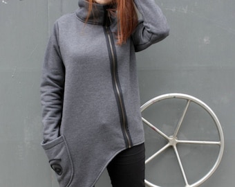 Asymmetric Sweatshirt, Gray Sweatshirt, Plus Size Clothing, Winter Sweatshirt, Women Jacket Sweatshirt, Asymmetric Jacket, Oversize Jacket