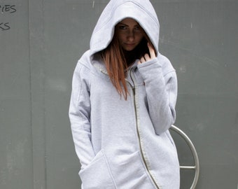Asymmetric Zip Hoodie, Oversized Cotton Long Jacket