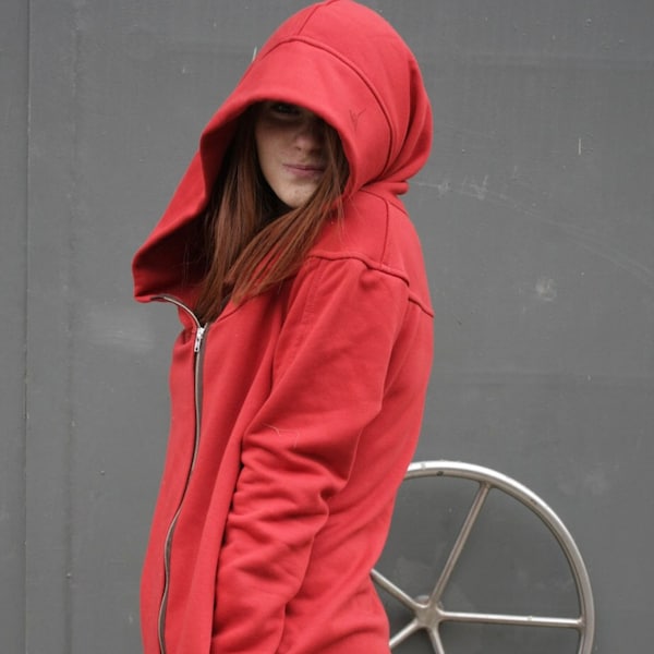 Red Hooded Coat, Womens Jacket, Winter Clothing, Knee Length Hoodie, Spring Coat, Plus Size Clothing, Hooded Sweatshirt, Comfy Clothes