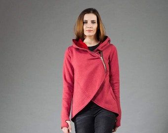 Raspberry Coat, Hooded Hoodie, Womens Clothing, Plus Size Clothing, Zipper Hoodie, Loose Hooded Coat, Hooded Jacket, Warm Coat, Asymmetric