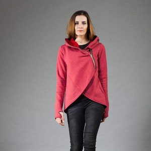 Raspberry Coat, Hooded Hoodie, Womens Clothing, Plus Size Clothing, Zipper Hoodie, Loose Hooded Coat, Hooded Jacket, Warm Coat, Asymmetric