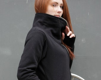 Black Zip Hoodie, Women Black Sweatshirt, Plus Size Clothing, Asymmetric Hoodie, Urban Wear, Winter Sweatshirt,Hooded Tunic,Loose Hoodie Top