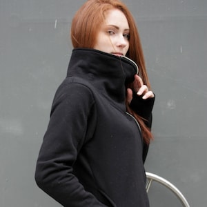 Black Zip Hoodie, Women Black Sweatshirt, Plus Size Clothing, Asymmetric Hoodie, Urban Wear, Winter Sweatshirt,Hooded Tunic,Loose Hoodie Top