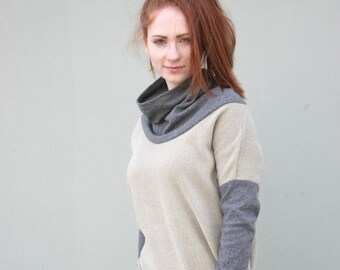 Asymmetrical Cotton Tunic Sweater, Turtleneck, Thumb Hole Sleeves, Navahoclothing