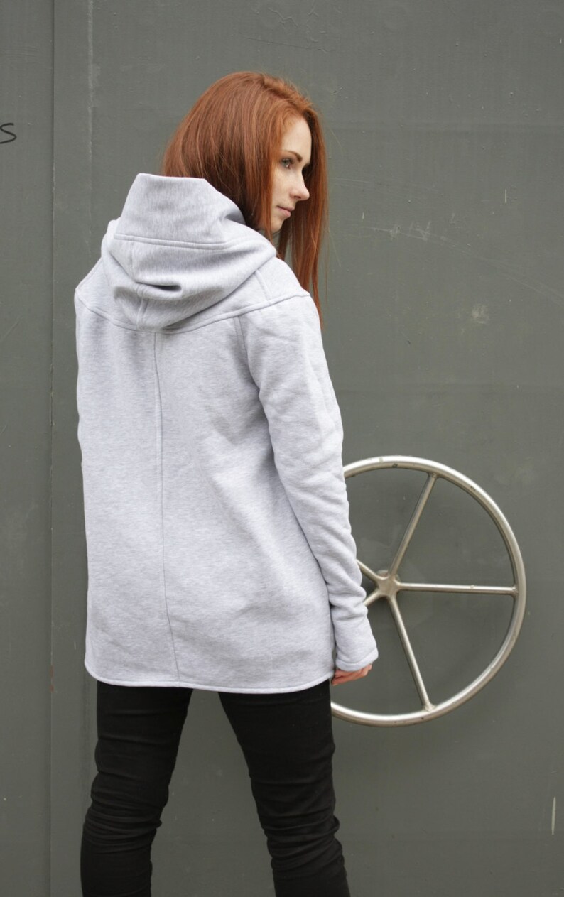 Sudadera con capucha Big Hood, sudadera con capucha Solarpunk, sudadera con capucha para mujer, sudadera con capucha asimétrica, sudadera con capucha con cremallera, abrigo con capucha, sudadera gris, ropa cómoda, algodón imagen 5