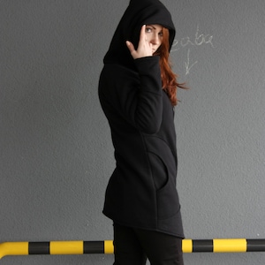 Long Hooded Hoodie, Black Zip Up Hoodie, Gothic Clothing, Elven Clothing, Plus Size Hoodie, Dark Academia, Workout Activewear, Cyberpunk image 2