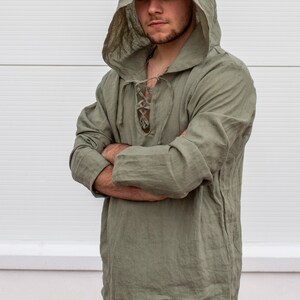 Mens Linen Hoodie, Shaman Clothing, Medieval Hoodie, Linen Larp Top, Long Sleeve Shirt, Jedi Clothing, Plus Size Clothing, Festival Hoodie image 6