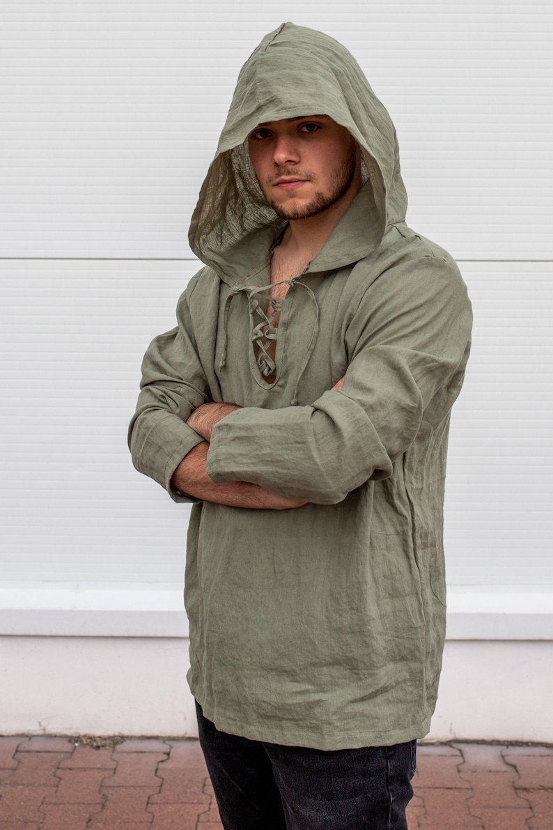 Mens Linen Hoodie, Shaman Clothing, Medieval Hoodie, Linen Larp Top, Long Sleeve Shirt, Jedi Clothing, Plus Size Clothing, Festival Hoodie image 6