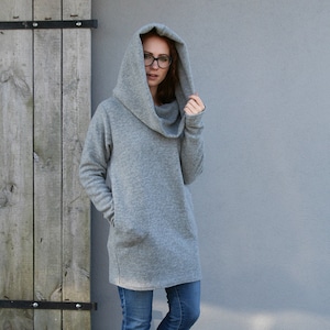 Cowl Neck Hoodie, Warm Wool Tunic, Loose Sweatshirt, Thumbhole Sweater, Winter Hoodie, Womens Clothing, Hooded Pullover, Knit Tunic