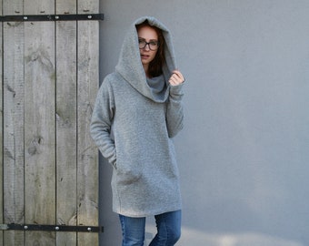 Cowl Neck Hoodie, Warm Wool Tunic, Loose Sweatshirt, Thumbhole Sweater, Winter Hoodie, Womens Clothing, Hooded Pullover, Knit Tunic