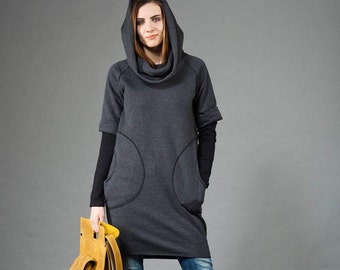Plus Size Gray Hoodie Dress, Cotton Tunic Sweatshirt, Pointed Hood