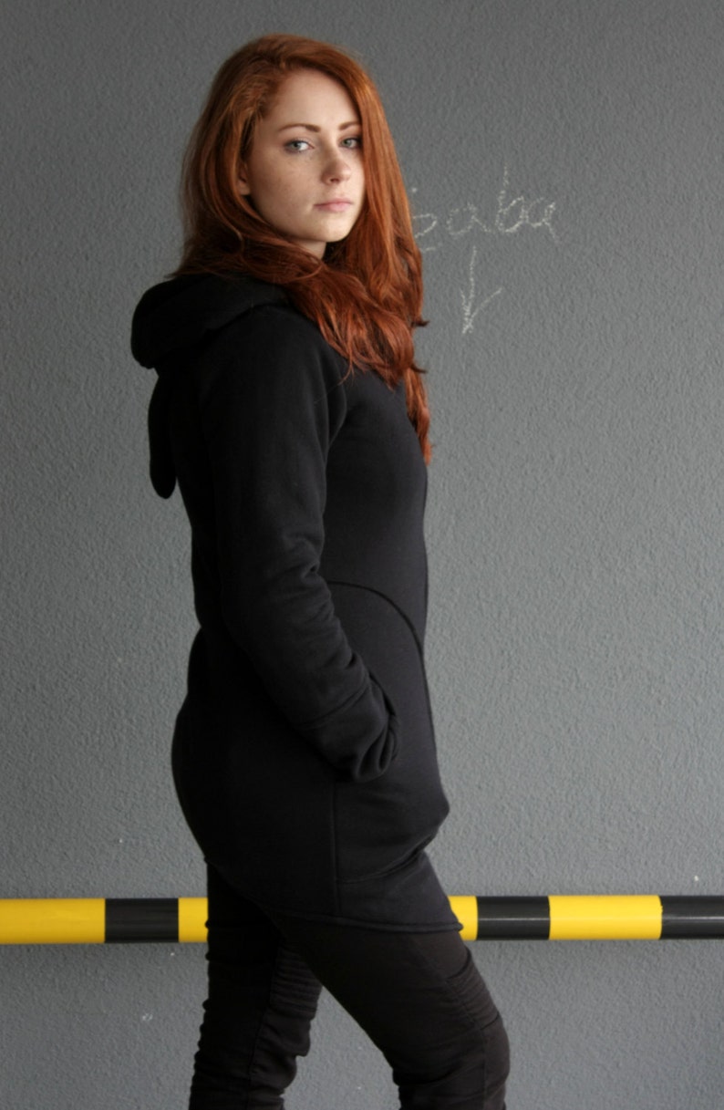 Long Hooded Hoodie, Black Zip Up Hoodie, Gothic Clothing, Elven Clothing, Plus Size Hoodie, Dark Academia, Workout Activewear, Cyberpunk zdjęcie 4