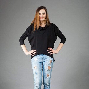 Black Asymmetrical Sweatshirt, Dolman Sleeve Blouse, Black Cotton Blouse, Womens Sweatshirt, Oversize Clothing, Plus Size Blouse, Turtleneck