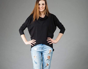 Black Asymmetrical Sweatshirt, Dolman Sleeve Blouse, Black Cotton Blouse, Womens Sweatshirt, Oversize Clothing, Plus Size Blouse, Turtleneck