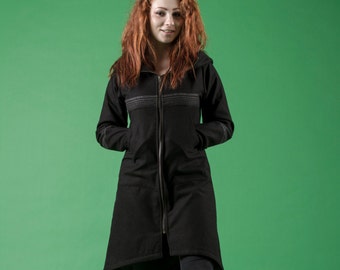 Wolle Frühlingsmantel, Asymmetrischer Hoodie, Bequeme Jacke, Reißverschluss Wolle Hoodie, Gothic Kleidung, Schwarze Kapuzenjacke, Oversize Sweatshirt