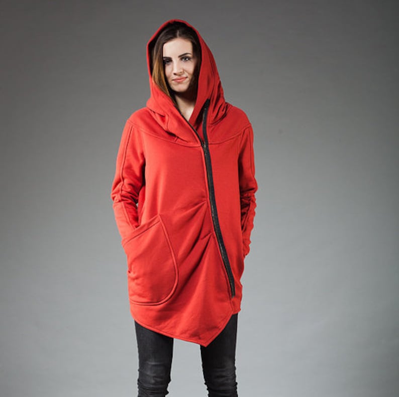 Hooded Sweatshirt, Hooded Hoodie, Burnt Orange Jacket, Hoodie Jacket, Plus Size Clothing, Asymmetric Hoodie, Spring Sweatshirt, Womens image 1