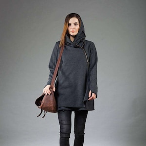 Womens Clothing, Cyberpunk Hoodie, Asymmetrical Jacket, Zipper Hoodie, Black Sweatshirt, Women Blazer, Zipper Jacket, Hooded Coat, Warm