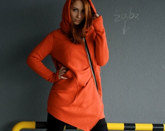 Orange Hoodie, Asymmetrischer Mantel, Winter Hoodie, Kapuzen Hoodie, Orange Mantel, Reißverschluss Hoodie, Plus Size Mantel, Loser Hoodie, Orange Sweatshirt