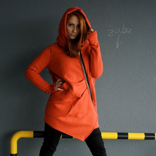 Orange Hoodie Asymmetrical Coat Hooded 