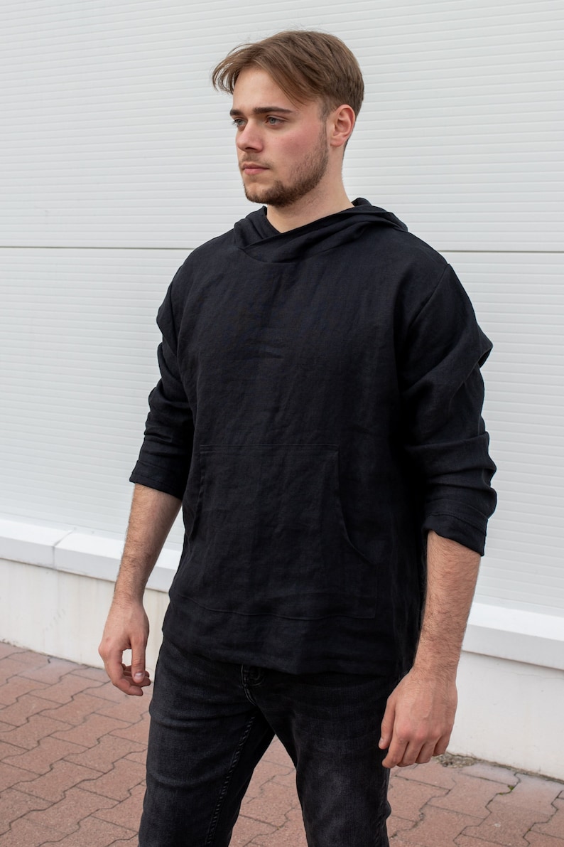 Linen Hoodie Men, Mens Clothing, Big Hood Hoodie, Lightweight Hoodie, Black Loose Sweatshirt, Wizard Hoodie, Mid Century Modern,Ninja Hoodie zdjęcie 2