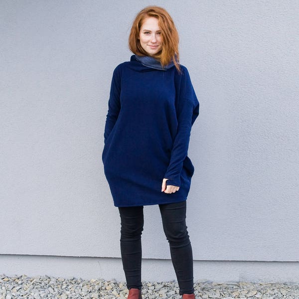 Winter Sweatshirt, Navy Blue Sweatshirt, Long Sleeve Sweatshirt, Women Sweatshirt, Plus Size Clothing, Comfy Loose Sweatshirt,Urban Clothing