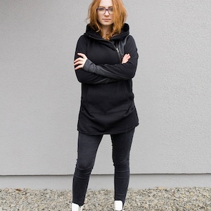 Hoodie For Women, Black Hoodie, Solarpunk, Women Sweatshirt, Plus Size Clothing, Asymmetrical Hoodie, Zipper Sweatshirt, Long Hooded Coat image 3