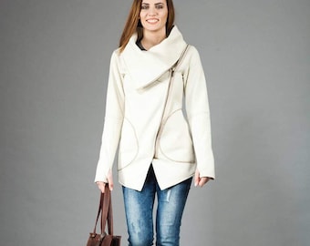 Womens Clothing, Cowl Neck Jacket, Asymmetrical Jacket, Warm Sweatshirt, Zipper Jacket, Boho Clothing, Cream Sweatshirt, Plus Size Clothing