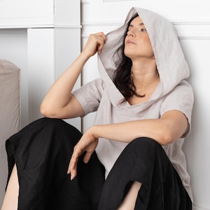 Women Linen Hoodie, Hand Tailored Top, Womens Clothing, Linen Top With Hood, Summer Style, Linen Blouse, Elven Hood, Oversized Top