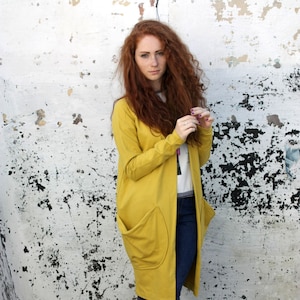 Cardigan senape, cardigan in cotone, moda autunnale, cardigan stravagante, cardigan in maglia con grandi tasche, cardigan lungo, NavahoClothing