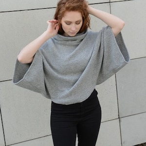 Wool Poncho Women, Winter Poncho, Poncho Sweater, Knitted Sweatshirt, Cowl Neck Sweater, Grey Sweatshirt, Womens Clothing, Warm Tunic, Cozy image 4