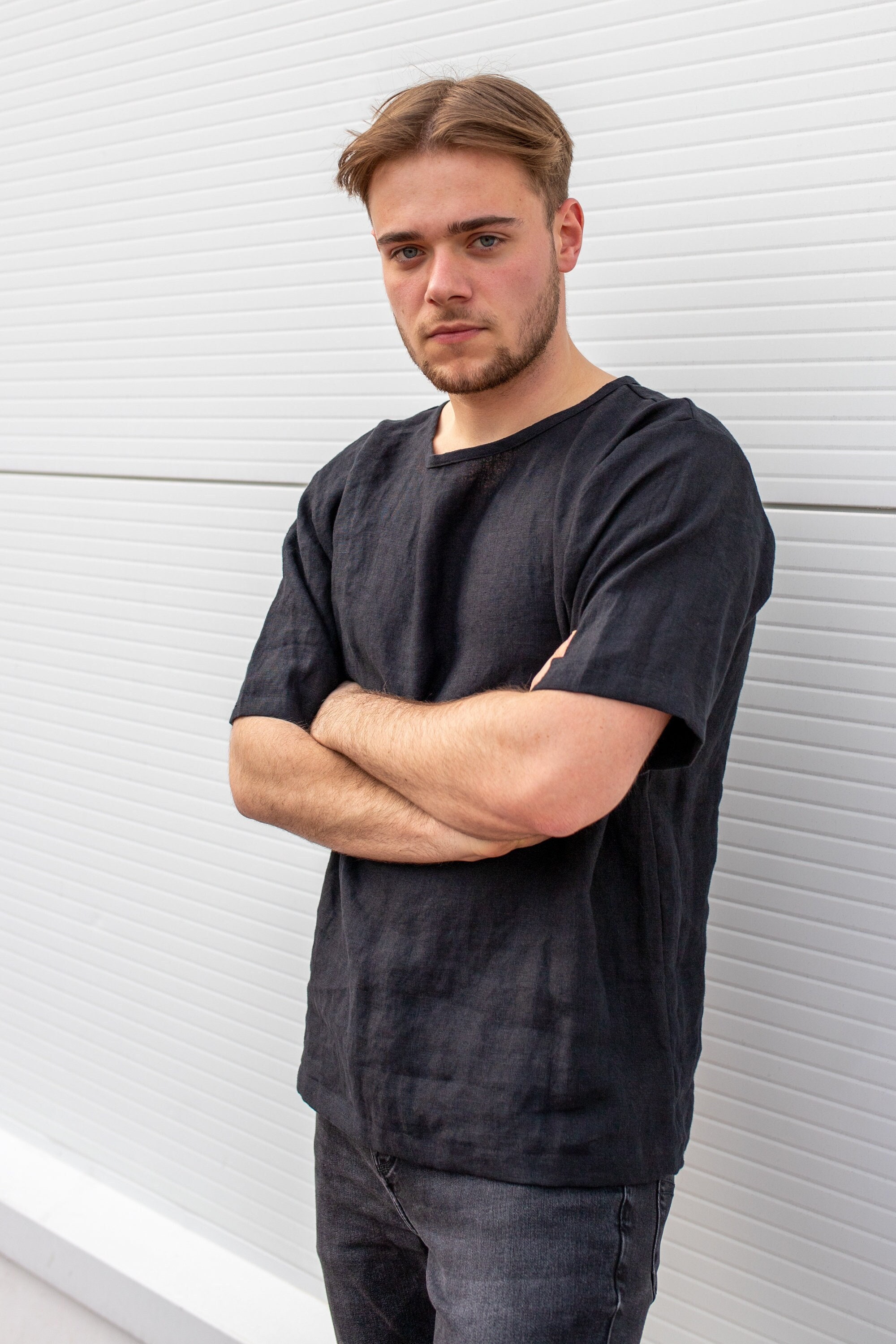 Mens Black Linen T-shirt, Loose Fit Tee, Plus Size Clothing, Men