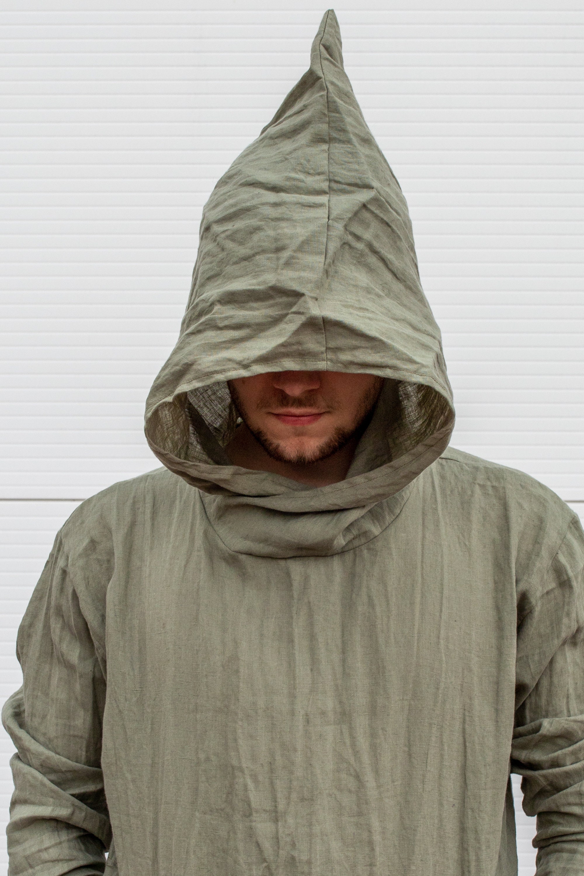 Linen Wizard Hoodie, Pointed Hood, Larp Tunic. Men Spring Fashion