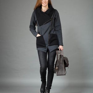 Veste dhiver, Veste noire, Vêtements taille plus, Veste asymétrique, Veste sweat-shirt femme, Veste taille plus, Veste chaude, Veste gothique image 2