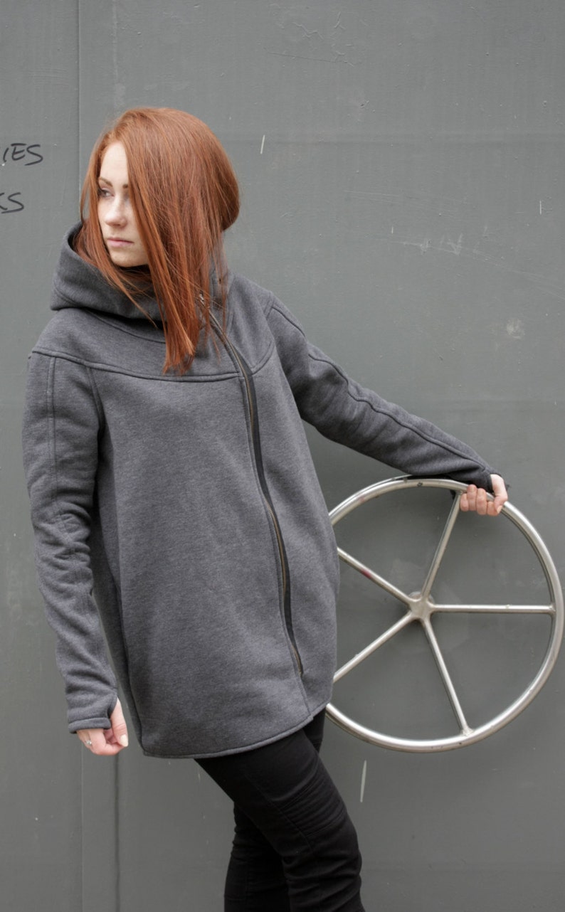 Big Hood Hoodie, Asymmetrical Hoodie, Womens Clothing, Navaho Clothing, Plus Size Clothing, Zip Up Hoodie, Hooded Coat, Gray Sweatshirt image 3